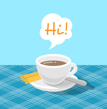 Coffee in a ceramic cup with sugar packets on a checkered tablecloth in cafe with hot steam bubble and Hi text. Vector flat style illustration. Sweet hot drink cafe menu.  Coffee break icon