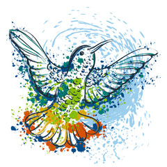 Hummingbird with abstract splashes in watercolor style. Vintage colorful hand drawn vector illustration. Design concept for banner, card, scrap booking, t-shirt, bag, print, poster.