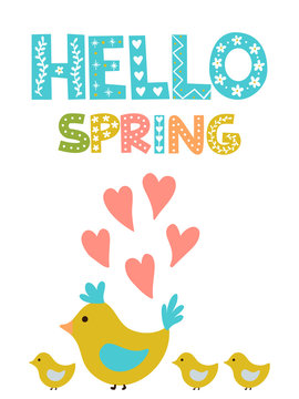Hen with chicks and hand-draw lettering HELLO SPRING. Vector illustration.