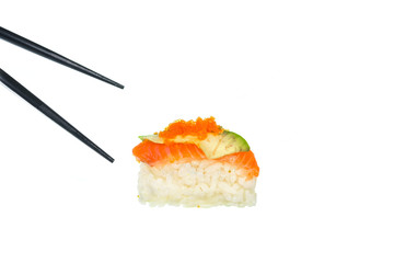 Fresh Sushi with black chopticks on white background