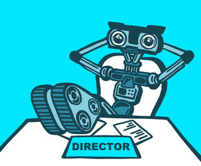 Illustration of robot sitting behind the table as director. Metaphor of fourth industrial revolution (Industry 4.0) and artificial intelligence