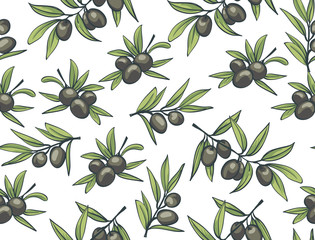 Black olives from branches on a white background. vector seamless pattern.