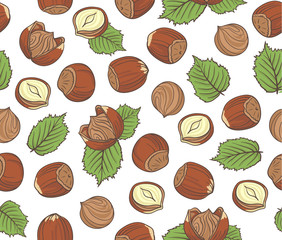 Seamless pattern with hand drawn hazelnuts on white background.