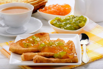 Pancakes with jam and cup of tea.