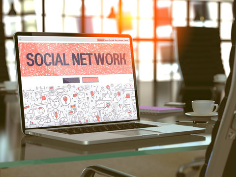 Social Network Concept - Closeup on Landing Page of Laptop Screen in Modern Office Workplace. Toned Image with Selective Focus. 3D Render.