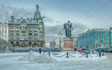 A view of the corner of Nevsky prospect and Griboedov Canal embankment at a winter day