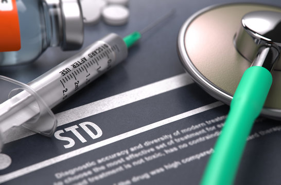 STD - Printed Diagnosis with Blurred Text on Grey Background and Medical Composition - Stethoscope, Pills and Syringe. Medical Concept. 3D Render.