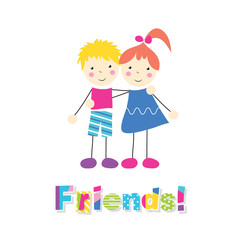 little red haired girl and blonde boy holding arms around each other with friends typography