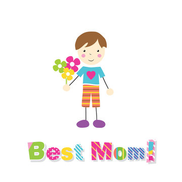 little brown haired boy holding flowers with best mom typography