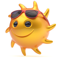 Smiley sun face sunglasses cheerful summer star smile cartoon ball emoticon happy fiery yellow sunny heat icon. Smiling laughing character vacation holiday chilling sunbathing tropic avatar. 3D render