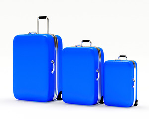 Set of blue suitcases large, medium and small isolated on white background. 3d illustration