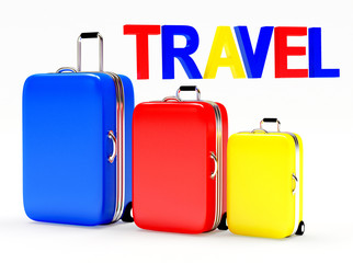 Set of colorful suitcases and word travel isolated on white background. 3d illustration