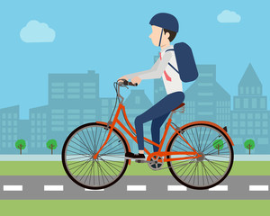 Businessman riding bicycle to work. Flat design.