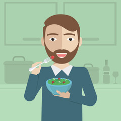 Smiling man eating salad in kitchen vector flat design illustration