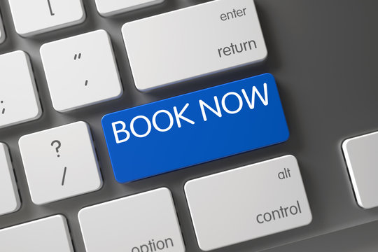 Book Now Concept. Metallic Keyboard with Book Now on Blue Enter Button Background, Selected Focus. Book Now CloseUp of Modern Keyboard on Laptop. Book Now Key on Modern Keyboard. 3D Render.