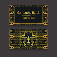 Template two-sided business card with golden luxury pattern in Gatsby style. Templates for business cards, flyers, coupons, vouchers and your design