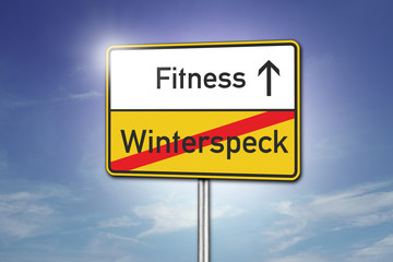 Schild mit Fitness und Winterspeck