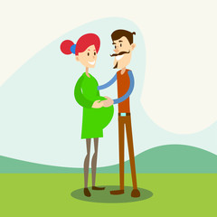 Family Couple, Pregnant Woman With Husband Nature Background 