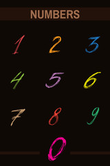 Sketchy Numbers in various Colors. Ink drawn typography. Brush lettering sign. Calligraphic Alphabet Letterform. Digital vector illustration. Isolated on black background.