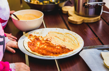 Making of Homemade Mexican food burrito, fajitas, Quesadillas, E