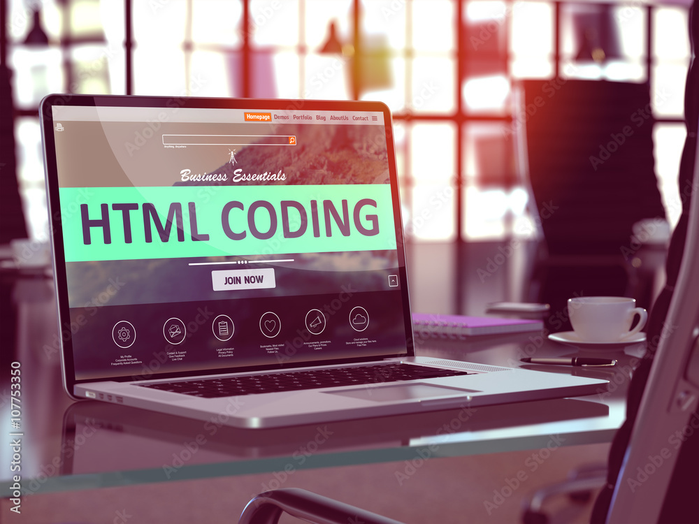 Poster html coding concept closeup on laptop screen in modern office workplace. toned image with selective 