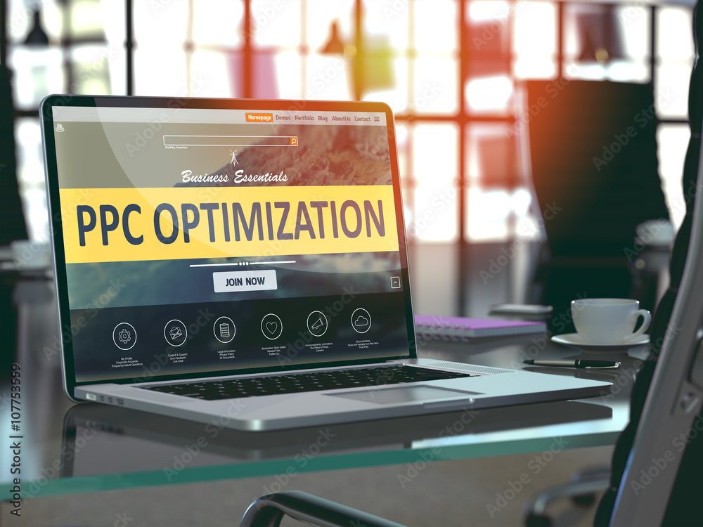 Poster modern workplace with laptop showing landing page with ppc - pay per click - optimization concept. t