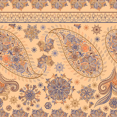 Hand drawing striped wallpaper. Paisley vintage floral motif ethnic seamless background. Printable colors abstract lace pattern. Editable colors without losing seamlessly.  EPS-8 vector buta texture
