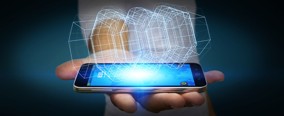 Businessman holding digital 3D engine