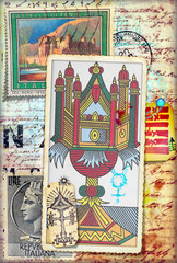 Ace of cups of tarots and manuscript with old stamps