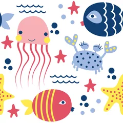 Washable wall murals Sea waves Seamless pattern with colorful sea creatures