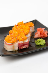 Image of tasty hot sushi set with bacon