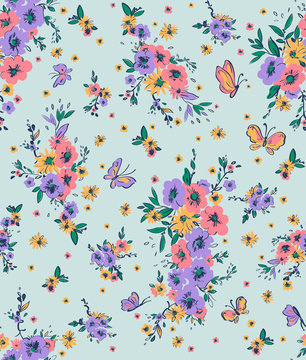 vector seamless gentle hand drawn artistic summer flowers pattern, little disty print, beautiful flowers in bouquet background allover design