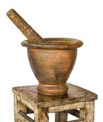 Mortar and pestle in an old bench.