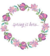 delicate colorful floral pattern with pink flowers in a circle on a white background and nadpisywanie here