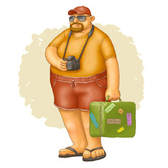 tourist with  camera and  suitcase on a white background