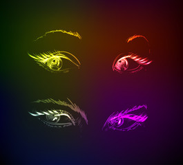 Sketch eye in the neon-style on a dark background