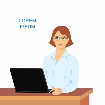 illustration of a woman in the office with a laptop isolated on white background