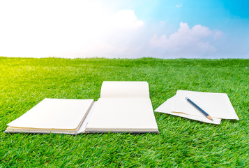 Notebook on spring green grass