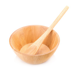 bowl and spoon make with wooden on white background
