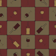 Seamless pattern of glasses and bottles with red and white wine.