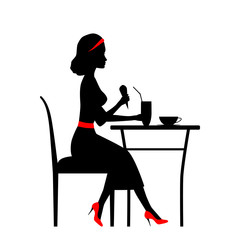 Silhouette of beautiful woman in cafe.