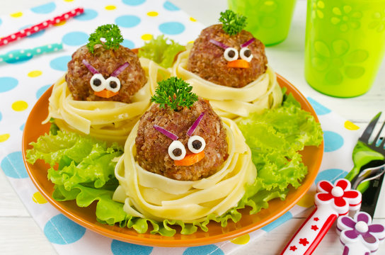 Funny spaghetti with meatballs for kids