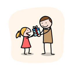 Father's Day, a hand drawn vector doodle illustration of a little girl giving her father a present on Father's Day, isolated on a simple background (editable).