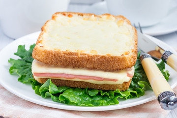 French toasted sandwich Croque monsieur, closeup