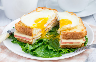 French toasted sandwich Croque madame, cut