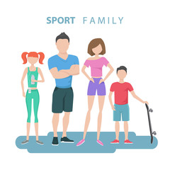 Obraz premium Sport family. Father, mother, daughter and son. Healthy lifestyle. Flat design vector illustration.