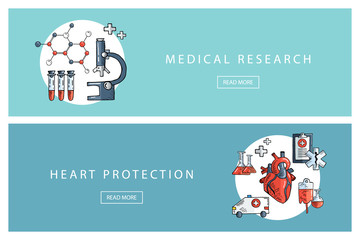 Hand drawn medical and healthcare concepts. Medical research and Heart protection. Banners for web design, marketing and promotion. Presentation templates.