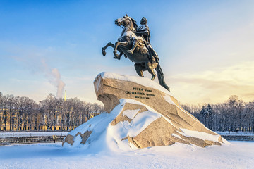 The Bronze Horseman monument at the Senate Square  at a frosty winter day