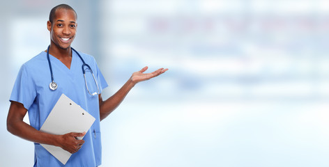 Medical doctor man presenting copy space.