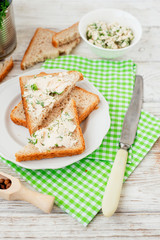 
breakfast or lunch , light sandwiches ,  rye toast with cream cheese , dill and spices on a...
